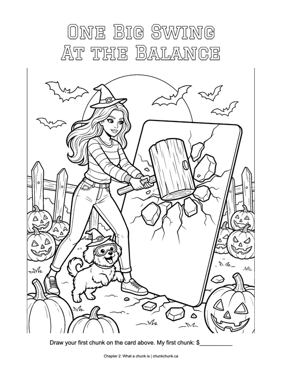 Coloring page: Tess in a witch hat swings a mallet at a giant credit card while Winnie cheers