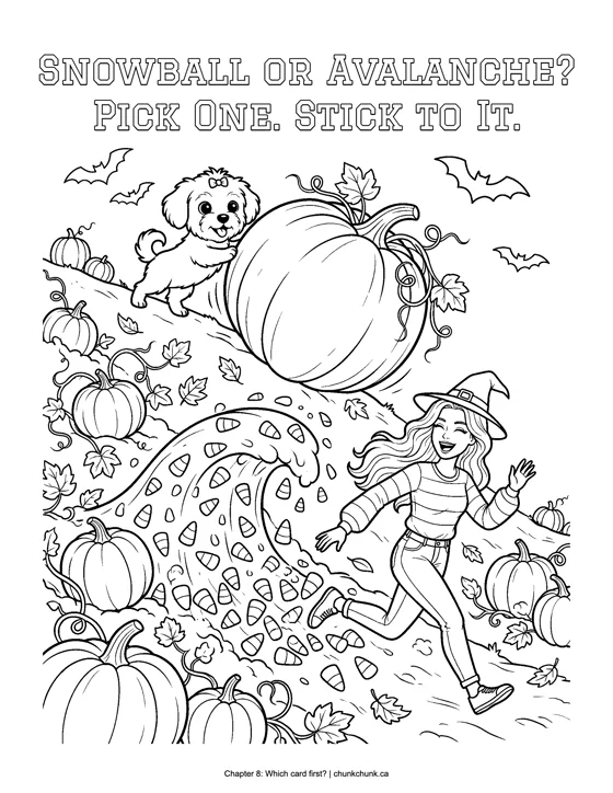 Coloring page: a giant pumpkin rolls downhill after Tess, titled Snowball or Avalanche