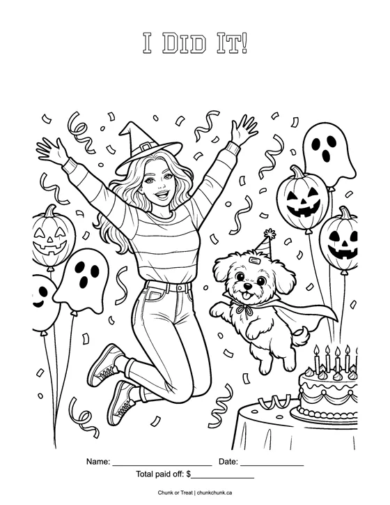 The I Did It page: Tess and Winnie leap among balloons, ghosts and a cake, with a line for the total paid off