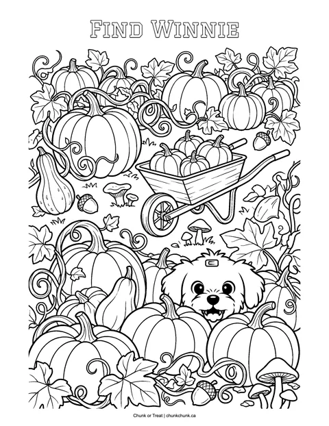 The free page: Winnie peeks out of a pumpkin patch, titled Find Winnie