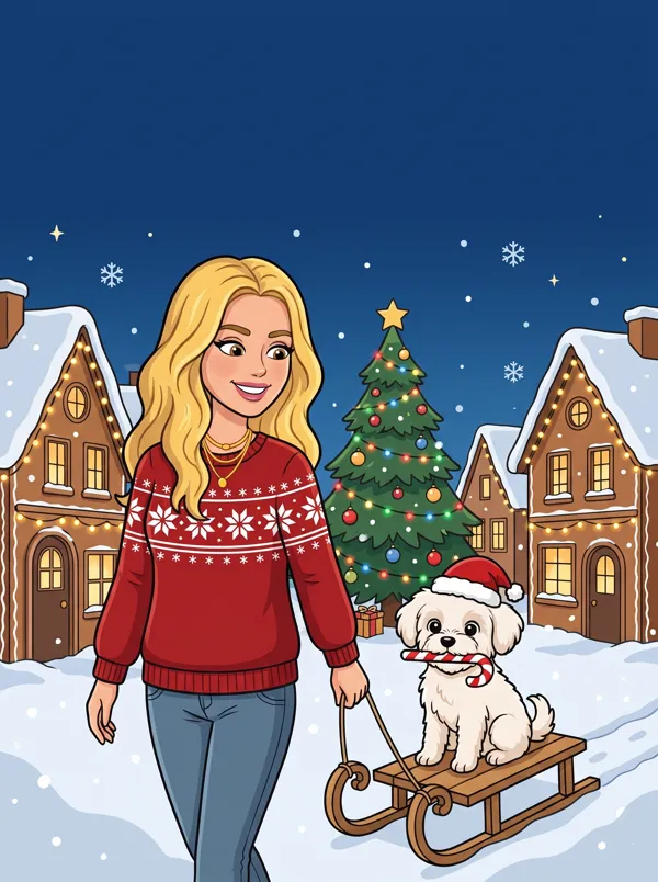 Tess pulls Winnie on a sled down a snowy village street at night