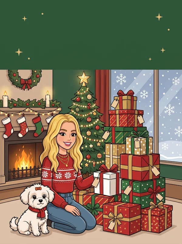Tess and Winnie by the tree, beside a staircase of twelve wrapped presents