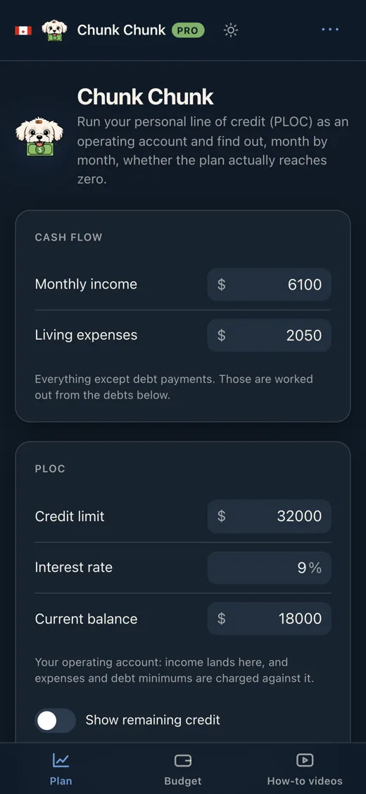 The Chunk Chunk app on a phone, with a worked example plan