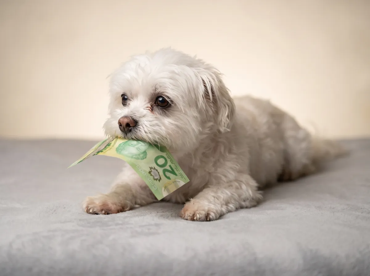 Winnie, a small white Maltese, lying on a grey blanket with a twenty dollar bill in her teeth
